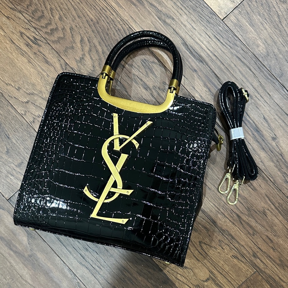 Yves Saint Laurent Black Croc-Embossed Tote with Gold Accents